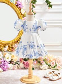SHEIN Cute & Elegant Floral Satin Short Sleeve Dress For Babygirl, Summer - White - View 7