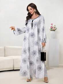 Al Najma Vestido largo maxi de mujer con cuello redondo, lazo y estampado floral elegante y romántico, vestido abaya modesto