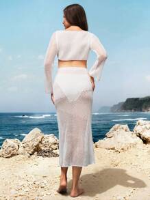 SHEIN Pregnant Women's Solid Color Hollow-Out Knit Beach Cover-Up For Summer Beach Vacation