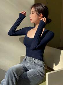DAZY 女式简约纯色羊毛镶边领 T 恤，秋季服装长袖女式上衣 - 藏蓝色 - 查看 4