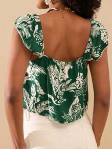 Travachic Blusa con nudo delantero y estampado tropical minimalista, atuendos casuales de vacaciones y verano para mujer, blusas de verano
