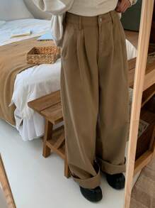 DAZY Women's Solid Color Loose Straight Leg Pants, Business Casual, All Season - Khaki - View 2