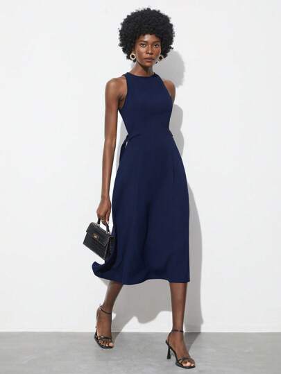 Maija Ladies' Solid Color Round Neck A-Line Casual Dress With Waistline