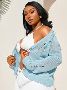SHEIN SXY Women's Plus Size Light Blue Woolen Cardigan,Hollow Holed Autumn Smart Casual Knitwear,Slim Fit Comfortable Vacation Holiday Beach Seaside Cardigan - Blue - View 8