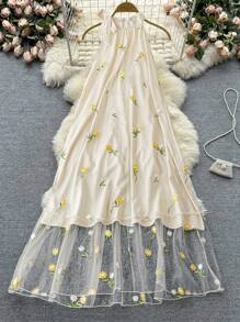 DreamSkyne Plus Size Women Floral Embroidered Halter Neck Dress, Elegant Beach Summer Dress