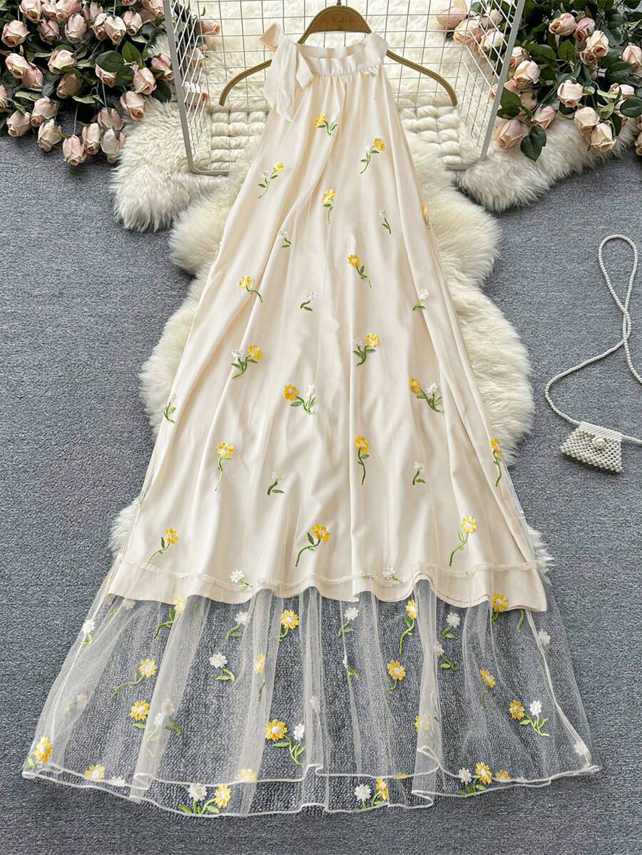 DreamSkyne Plus Size Women Floral Embroidered Halter Neck Dress, Elegant Beach Summer Dress