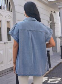 EMERY ROSE Women's Front Button Batwing Sleeve Pocket Denim Shirt - Medium Wash - View 2