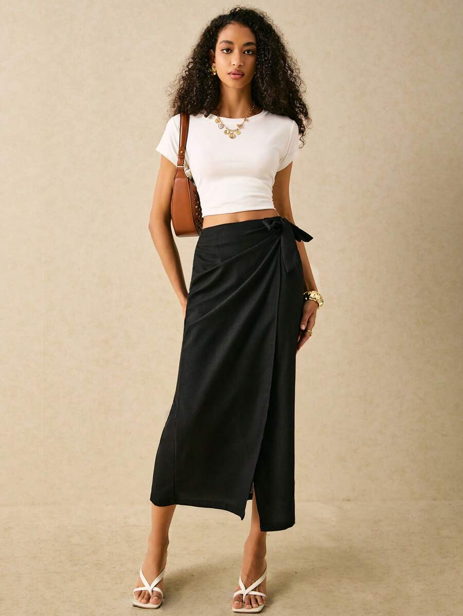 Poéselle 素色圍裹側打結半身裙 - 黑色 - 查看 1