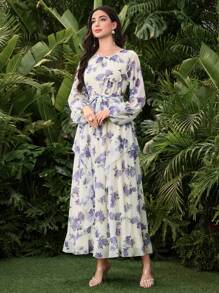Modelyn Women's Long Chiffon Floral Ruffled Elegant Lantern Sleeve Loose A-Line Dress - Multicolor - View 7