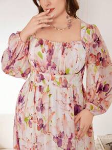 Modelyn Plus Size Women Stylish Elegant Placement Print A-Line Cinched Waist Midi Dress For Spring - Multicolor - View 3