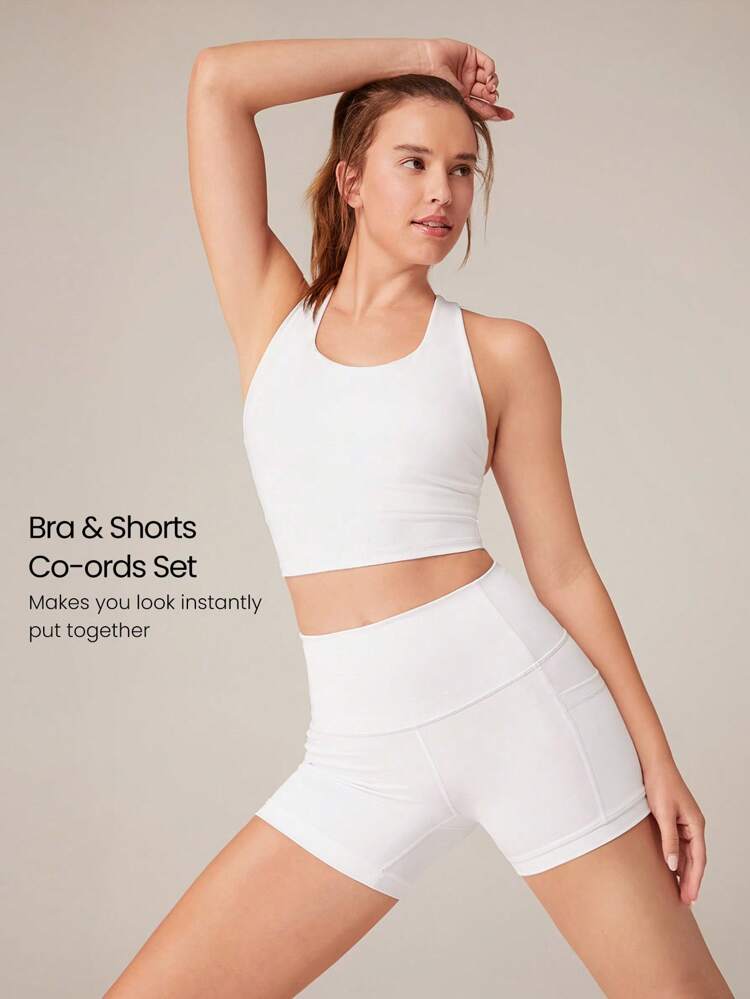 2 Pieces  Powersculpt™ Sweat-Wicking Cool Feel High Stretch Crossover Back Tank Removable Seamless Cups & 4.3'' Biker Shorts With Side Pockets Set High Impact Workout Running Training Spring Summer