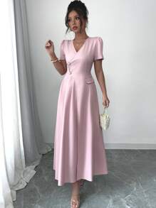 Elenzga Spring & Summer V-Neck Short Sleeve High Waist A-Line Pearl Button Pocket Pleated Midi Bohemian Dress For Women - Pink - View 4