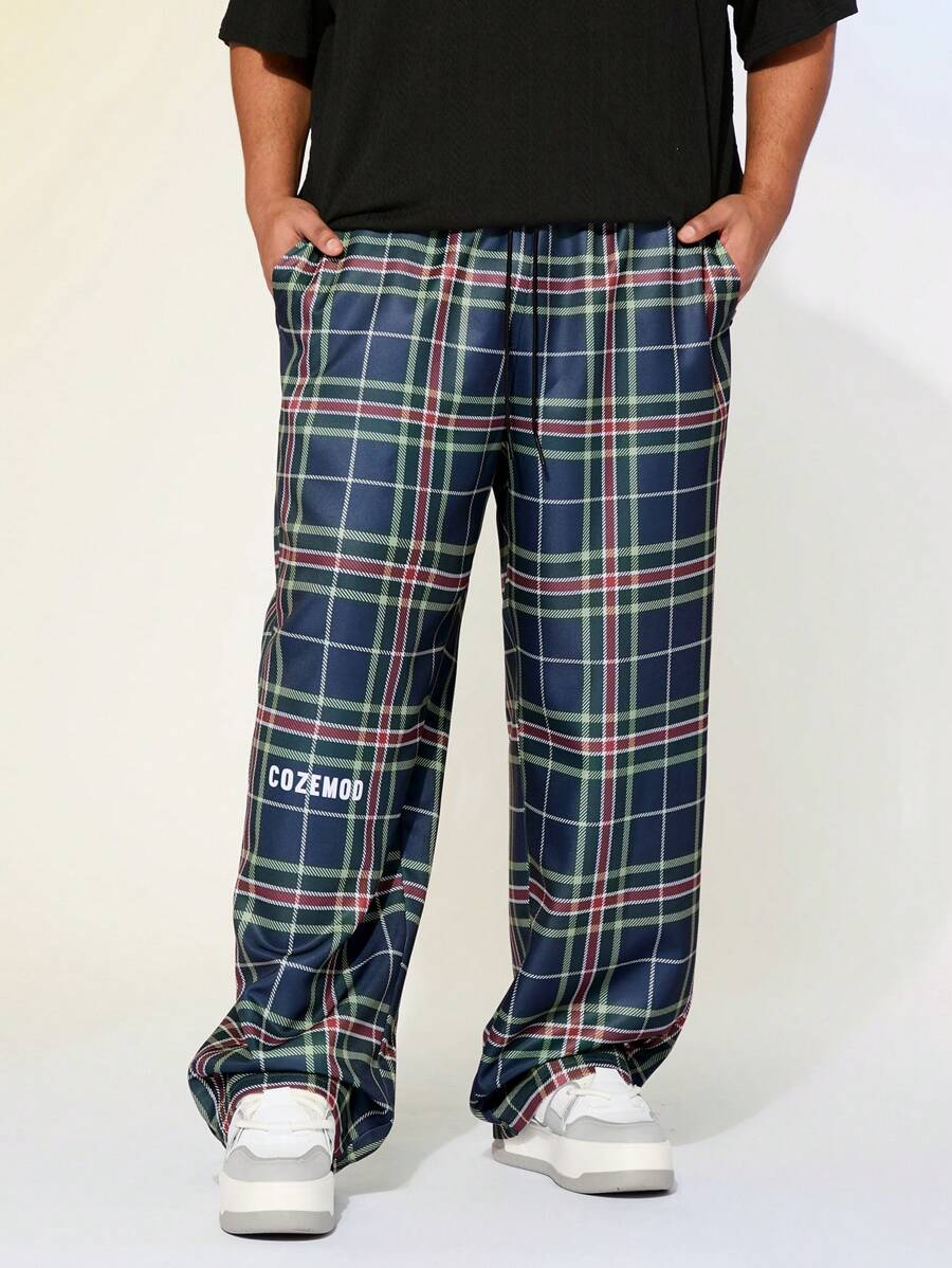 Manfinity VCAY Pantalones largos de talla grande para hombre, de corte holgado y con estampado de cuadros tejidos