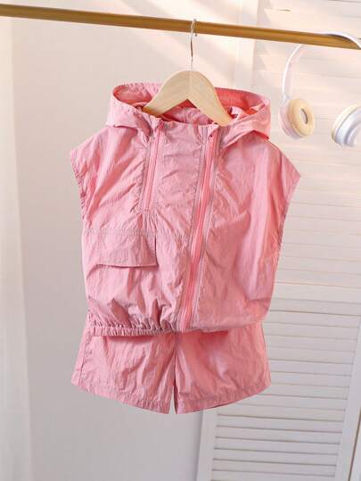 2pcs Young Boy Casual Solid Color Zip-Up Hoodie Vest And Shorts Set, Suitable For Everyday, Sports, School, Outdoor, Spring/Summer