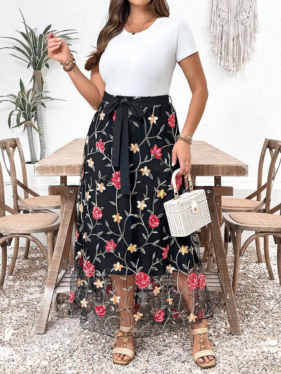 SHEIN Clasi Plus Size Women Embroidered Mesh A-Line Waist Belt Long Skirt Fall Cloth For Women - Black - View 1