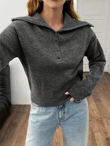 EURMUSE Woolen Henley Sweater With Buttoned Collar And Ribbed Cuffs,Jumper,Jumpers For Women,Cream Jumper,Jumpers,Christmas Jumper,White Jumper,Black Jumper,Ladies Jumper,Tall In Women,Women's Jumpers - Dark Grey - View 3