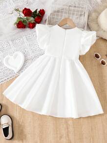 SHEIN Young Girl Elegant Contrast Color 3D Floral Puff Sleeve Ruched Flare Dress - White - View 2