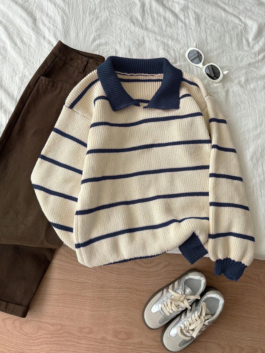 Elamini 女式拼色条纹高领针织毛衣，秋冬针织套头衫