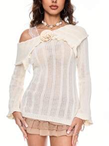 ROMWE Fairycore Pull seyant à manches cloche transparentes, encolure asymétrique avec patchwork en dentelle, style rétro Y2K pour femmes - Nude - Voir 4