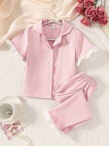 SHEIN Young Girl 2Pcs Set Woven Fabric Crinkle Pink Cardigan With White Ruffle Collar, And White Button Front, Casual Elegant, Long Sleeve & Pants Loungewear Set