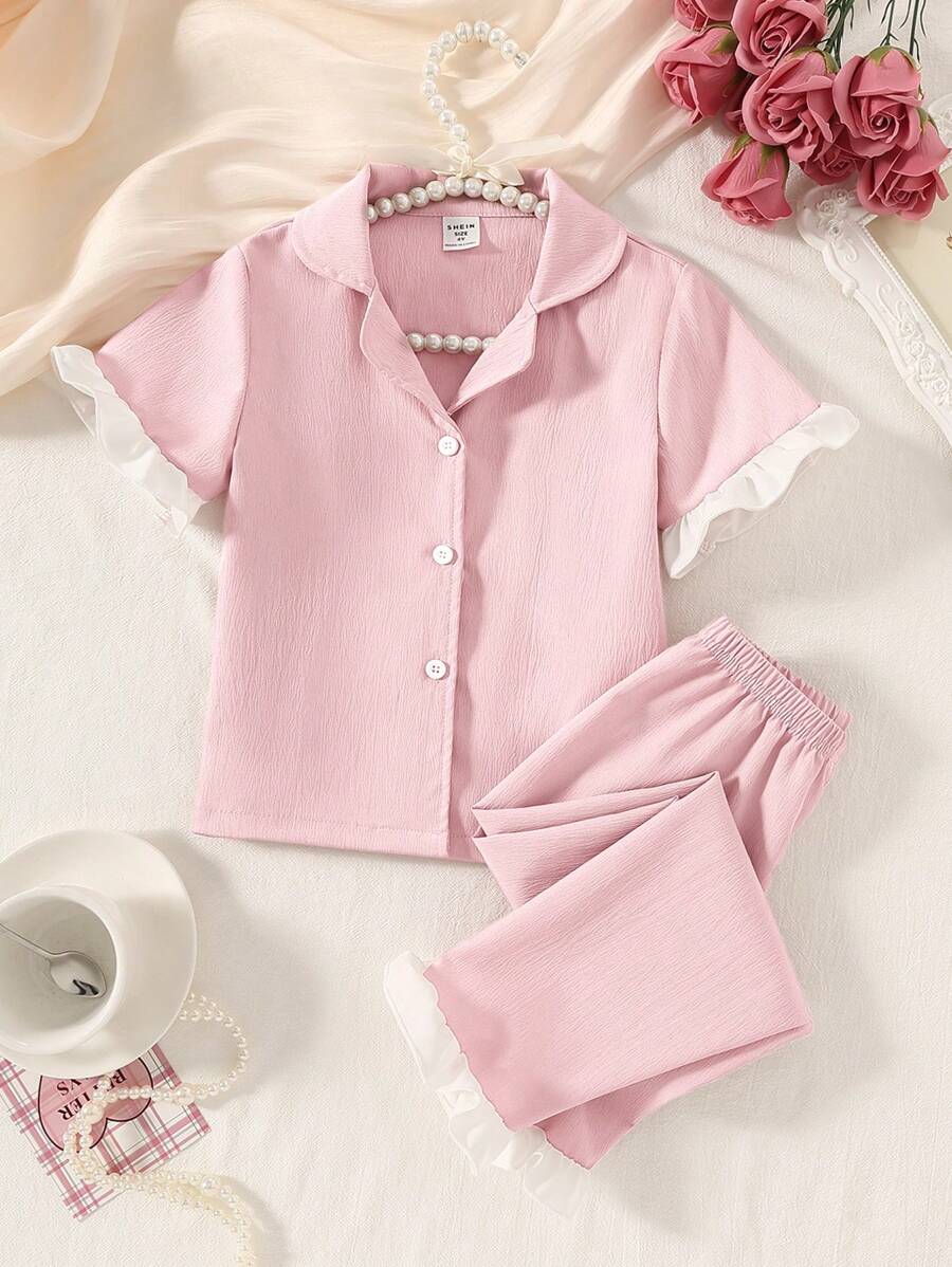 SHEIN Young Girl 2Pcs Set Woven Fabric Crinkle Pink Cardigan With White Ruffle Collar, And White Button Front, Casual Elegant, Long Sleeve & Pants Loungewear Set