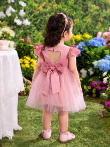Vestido elegante y lindo de malla rosada con un corazón calado para bebé niña - Rosa - Ver 3
