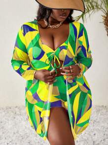 SHEIN Swim Curve Plus Size Women 3-Piece Random Printed Adjustable Spaghetti Strap Bralette Top And Mesh Coverup Swimwear Set For Summer Beach Vacation - Green - View 3