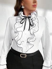 Firerie Camisa de manga larga con mangas acampanadas y bloque de color, de talla grande, de estilo empresarial informal - Blanco - Ver 1