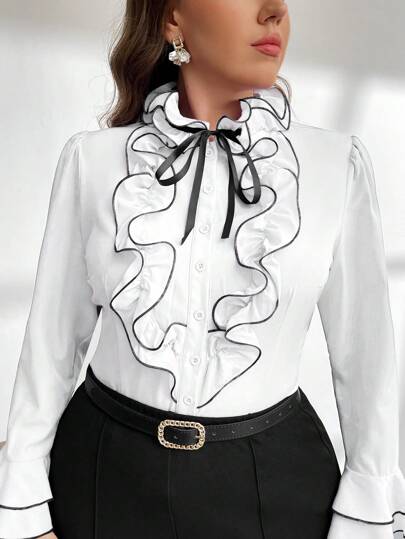 Firerie Plus Size Elegant Color Block Flared Sleeve Long Sleeve Shirt, Business Casual