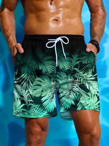 Manfinity VDAYZ Men's Tropical Plant Print Drawstring Waist Beach Shorts - Dark Green - View 1
