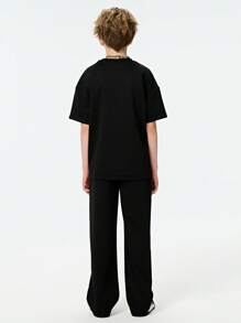 SHEIN Explorewe Tween Girls 2pcs Set - Short Sleeve Round Neck T-Shirt And Casual Pants, Minimalist Fashion Outfit - Black - View 2