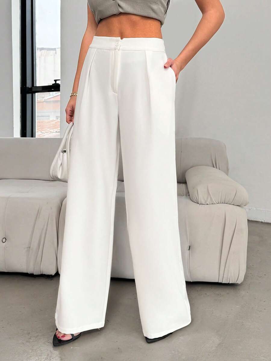 EURMUSE WOMEN TALL LINEN DETAILED WIDE LEG PANTS - White - View 1