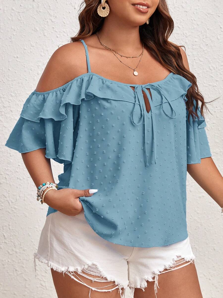 SHEIN VCAY Plus Size Solid Color Front Tie Polka Dot Casual Shirt - Dusty Blue - View 1