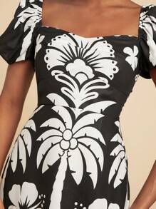 Travachic Black & White Printed Puff Sleeves Mini Dress - Black - View 5