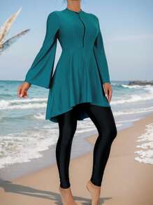 Swim Mulvari Summer Swim 2pcs Mulvari Women's Burkini Swimwear, Chicsea Loose Flare Sleeve Zip Oblique Hem With Black Long Pants Swimwear SetArabic Clothing - Multicolor - View 1