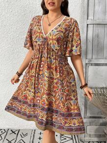 SHEIN Clasi Plus Size Bohemian Collar Patchwork Lace Waist Hem Short Casual Beach Music Festival Dress - Multicolor - View 4