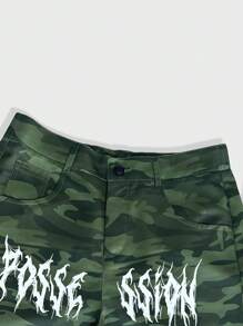 ROMWE MEN Prep 男士时尚印花装饰休闲迷彩短裤 - 軍綠色 - 查看 3