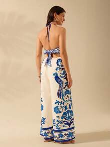 CAJUNI Women's Boho Ginkgo Leaf, Parrot, Blue & White Printed Halter Backless Tie Front Wide Leg Jumpsuit, Casual Summer Beach Wear
