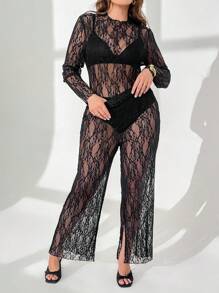 SHEIN Essnce Conjuntos de verano de talla grande para mujeres, conjuntos de primavera para mujeres, conjuntos para vacaciones de Pascua, conjuntos para clubes, conjuntos sexys para conciertos, conjuntos de rave, conjuntos de vacaciones de dos piezas con estilo "Old Money", bodis para mujer, conjuntos elegantes para vacaciones y citas nocturnas, conjuntos de top transparente de encaje y pantalones acampanados de 2 piezas con estilo elegante y sexy de celebridad y calle - Negro - Ver 4