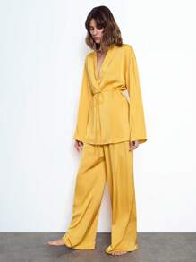 Maija 女士宽松舒适 V 领百搭休闲优雅都市时尚商务休闲办公室装，低调复古氛围，别致现代感，适合城市通勤，杂志编辑推荐，城市社交、度假、派对、浪漫、优雅、精致、巡航装 - 黃色 - 查看 7