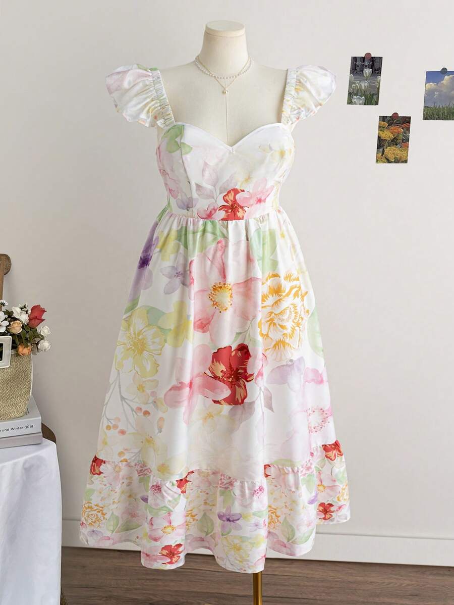 Dreamara WYWH Plus Size Casual Vacation Multi-Color Positioning Flower Cap Sleeves Back Tie Dress For Spring - Multicolor - View 1