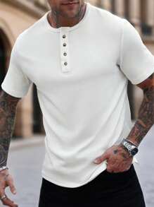 Manfinity Homme Men's Textured White T-Shirt For Casual Summer With V-Neck Short Sleeve Henry Color Block