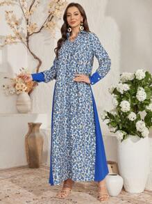 Al Najma Women's Casual Floral Splice Contrast Color Loose Fit V-Neck Long Dress