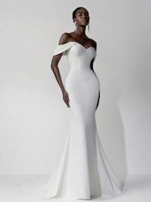 SHEIN Belle 优雅奢华象牙色露肩褶饰美人鱼长裙，配有可拆卸裙裾，弹力针织撞色蕾丝，适合婚礼、派对、度假、舞会、新娘 - 米色 - 查看 3