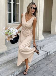 Serisse Váy suông không tay đơn giản dành cho nữ, thích hợp để đi làm - Màu be - Xem 3