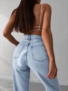 EURMUSE 100%Cotton High Waisted Raw Hem Wide Leg Jeans - Blue - View 3