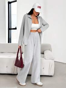 SHEIN Women Two Pieces Long Sleeve Zipper Detailed Sweatshirts And Wide Leg Sweatpants Sets