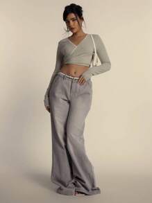 MUSERA Soft Ribbed Wrap Tie Side Long Sleeve Top Spring  Cute ,Elegant - Green - View 4