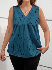 SHEIN Clasi Plus Size V-Neck Polka Dot Striped Pattern Casual Shirt, Suitable For Spring/Summer - Blue - View 1