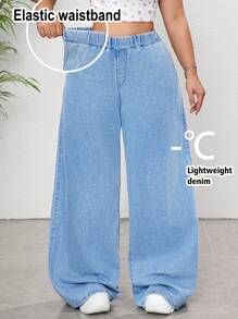 SHEIN CURVE+ 女式大码浅蓝色牛仔裤松紧腰带轻质牛仔面料舒适轻质牛仔裤清爽蓝色夏季修身裤直筒牛仔裤 - 淺色水洗藍 - 查看 1